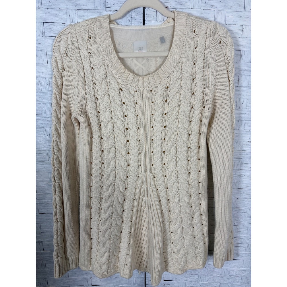 Cabi Ivory Wemons‎ Sweater Cable Knit Lace Up Back 
 3157 Cream Cotton Blend
